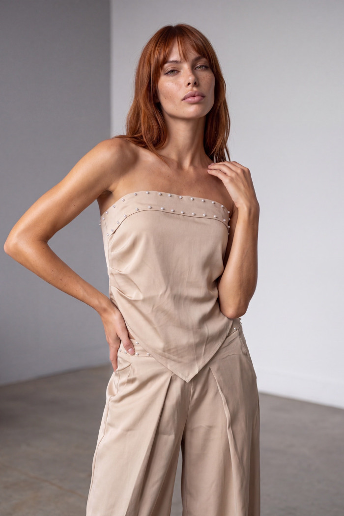 CONJUNTO KAUANE CROPPED E PANTALONA PÉROLAS ATELIER - BEGE