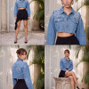 JAQUETA JEANS CROPPED DUDA BORDADA PÉROLAS ATELIER - AZUL