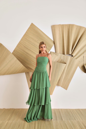 VESTIDO BIA LONGO CAMADAS - VERDE EUCALIPTO