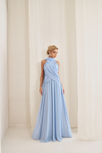 VESTIDO DE FESTA BANGKOK LONGO CRUZADO CAPA - AZUL SERENITY
