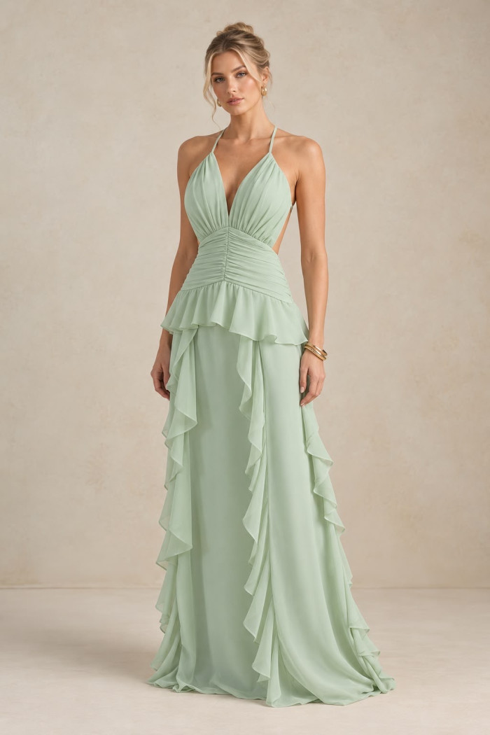 VESTIDO DÉBORA CUT OUT BABADOS - VERDE MENTA