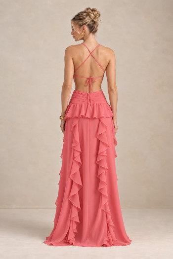 VESTIDO DÉBORA CUT OUT BABADOS - CORAL ROSADO