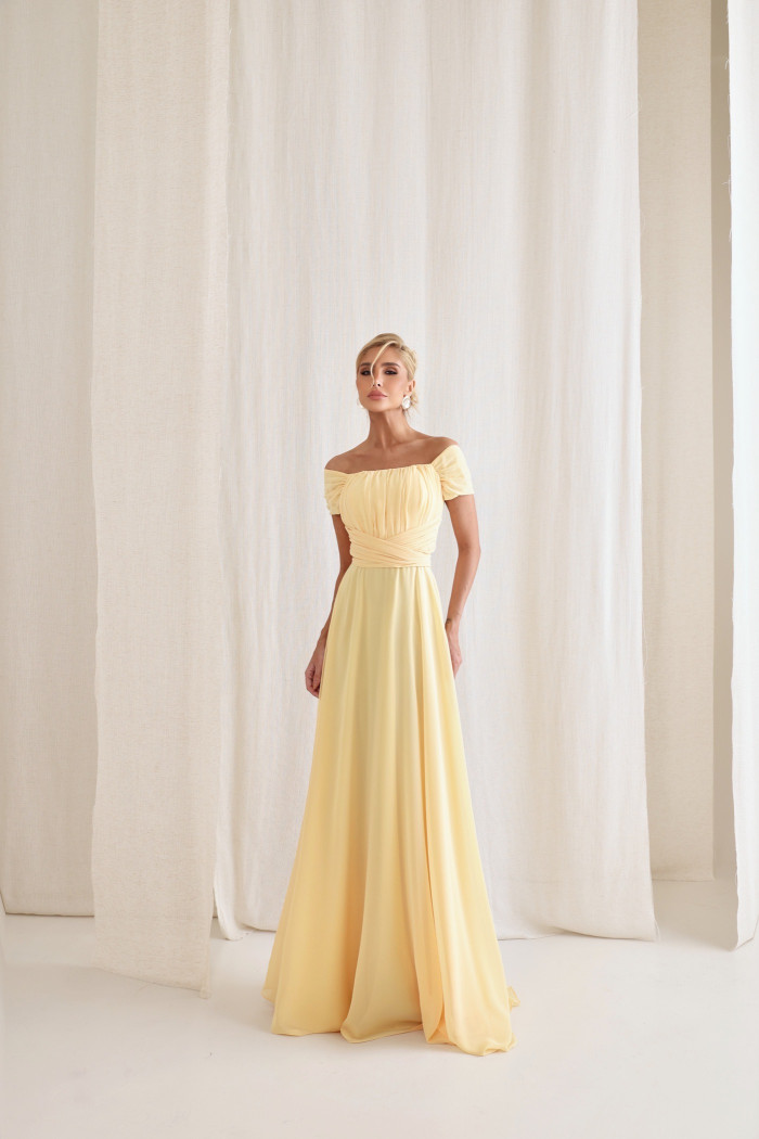 VESTIDO DE FESTA LISBOA LONGO DRAPEADO COM FAIXA - CAMOMILA