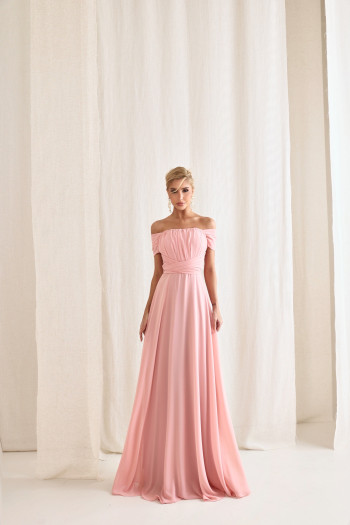 VESTIDO DE FESTA LISBOA LONGO DRAPEADO COM FAIXA - ROSA CLARO