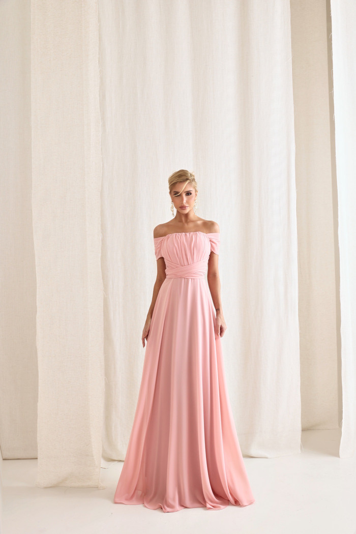 VESTIDO DE FESTA LISBOA LONGO DRAPEADO COM FAIXA - ROSA CLARO