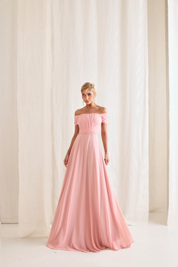VESTIDO DE FESTA LISBOA LONGO DRAPEADO COM FAIXA - ROSA CLARO