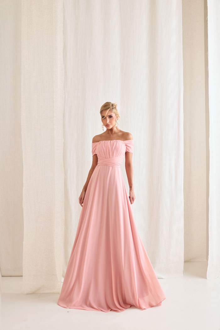 VESTIDO DE FESTA LISBOA LONGO DRAPEADO COM FAIXA - ROSA CLARO