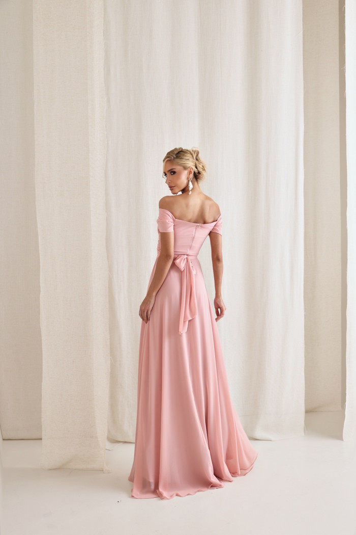 VESTIDO DE FESTA LISBOA LONGO DRAPEADO COM FAIXA - ROSA CLARO