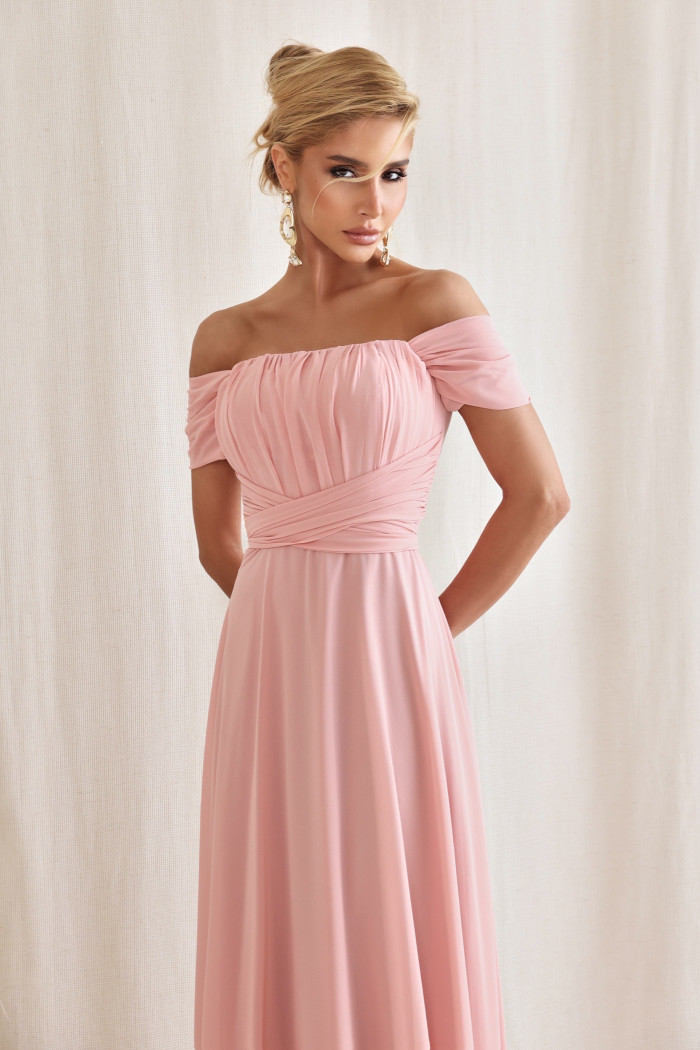 VESTIDO DE FESTA LISBOA LONGO DRAPEADO COM FAIXA - ROSA CLARO