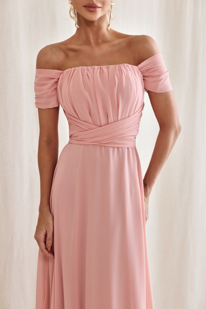 VESTIDO DE FESTA LISBOA LONGO DRAPEADO COM FAIXA - ROSA CLARO