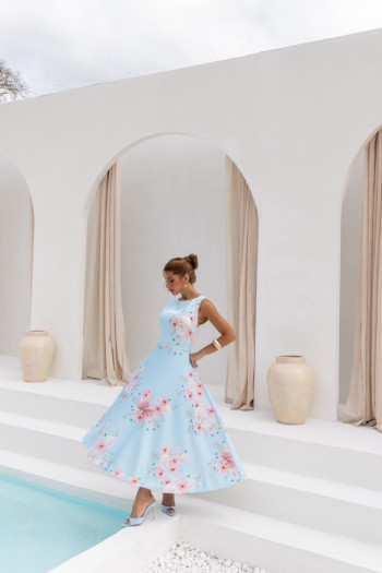 VESTIDO SERENA MIDI GODÊ ESTAMPADO - AZUL