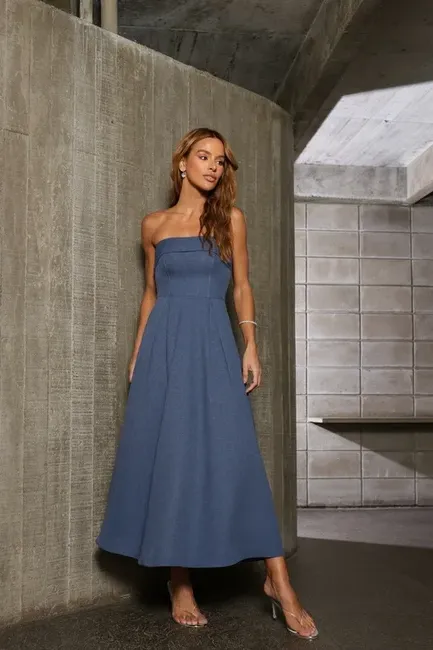 VESTIDO JACQUELINE LONGUETE PALA DOBRADA - AZUL JEANS
