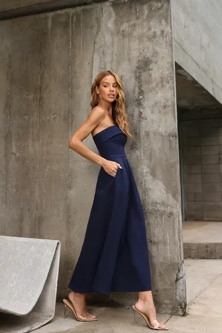 VESTIDO JACQUELINE LONGUETE PALA DOBRADA - AZUL MARINHO