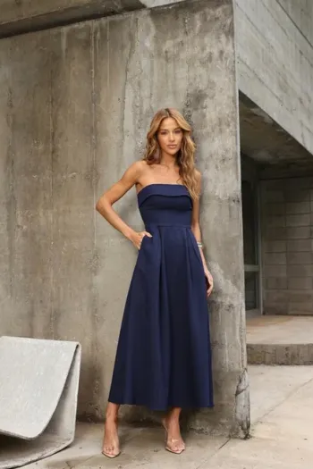 VESTIDO JACQUELINE LONGUETE PALA DOBRADA - AZUL MARINHO