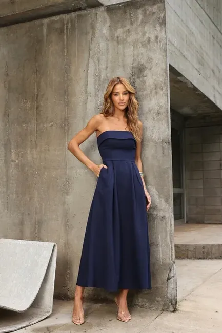 VESTIDO JACQUELINE LONGUETE PALA DOBRADA - AZUL MARINHO