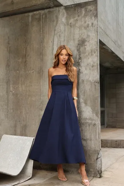 VESTIDO JACQUELINE LONGUETE PALA DOBRADA - AZUL MARINHO