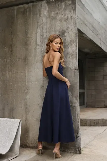 VESTIDO JACQUELINE LONGUETE PALA DOBRADA - AZUL MARINHO