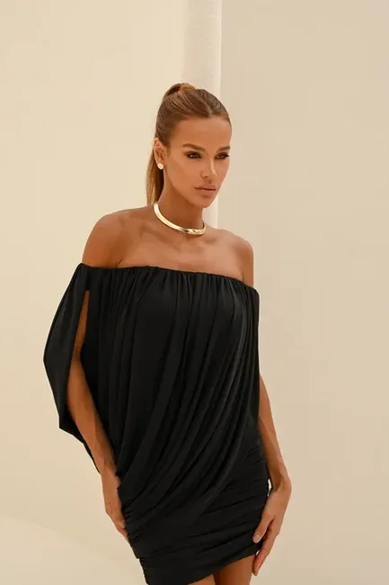 VESTIDO TÁSSIA CURTO CAPA DRAPEADA - PRETO