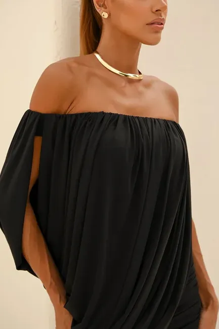 VESTIDO TÁSSIA CURTO CAPA DRAPEADA - PRETO