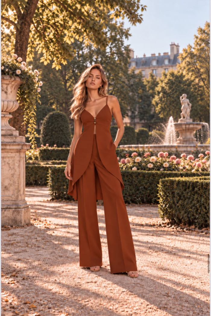 CONJUNTO ANELISE PANTALONA E BLUSA ALONGADA - MARROM