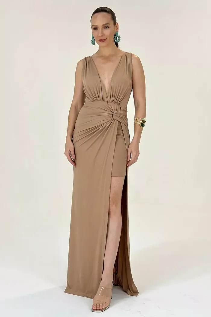 VESTIDO LONGO FLAVIANE JERSEY FENDA - CAPUCCINO