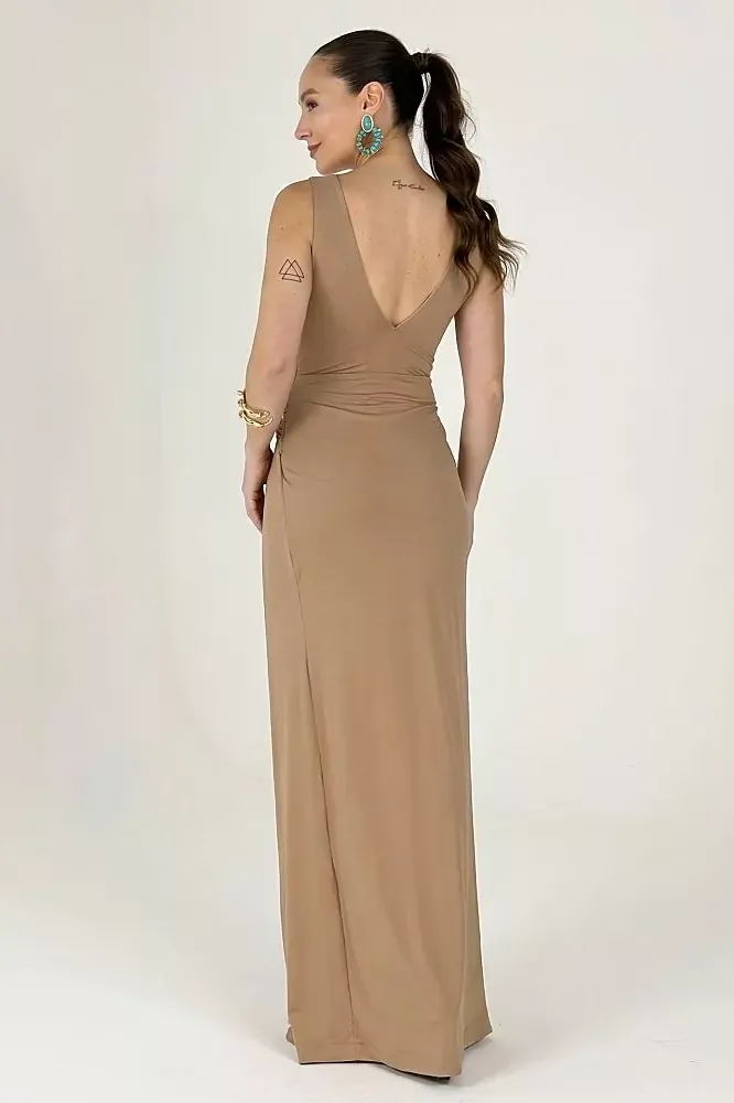 VESTIDO LONGO FLAVIANE JERSEY FENDA - CAPUCCINO