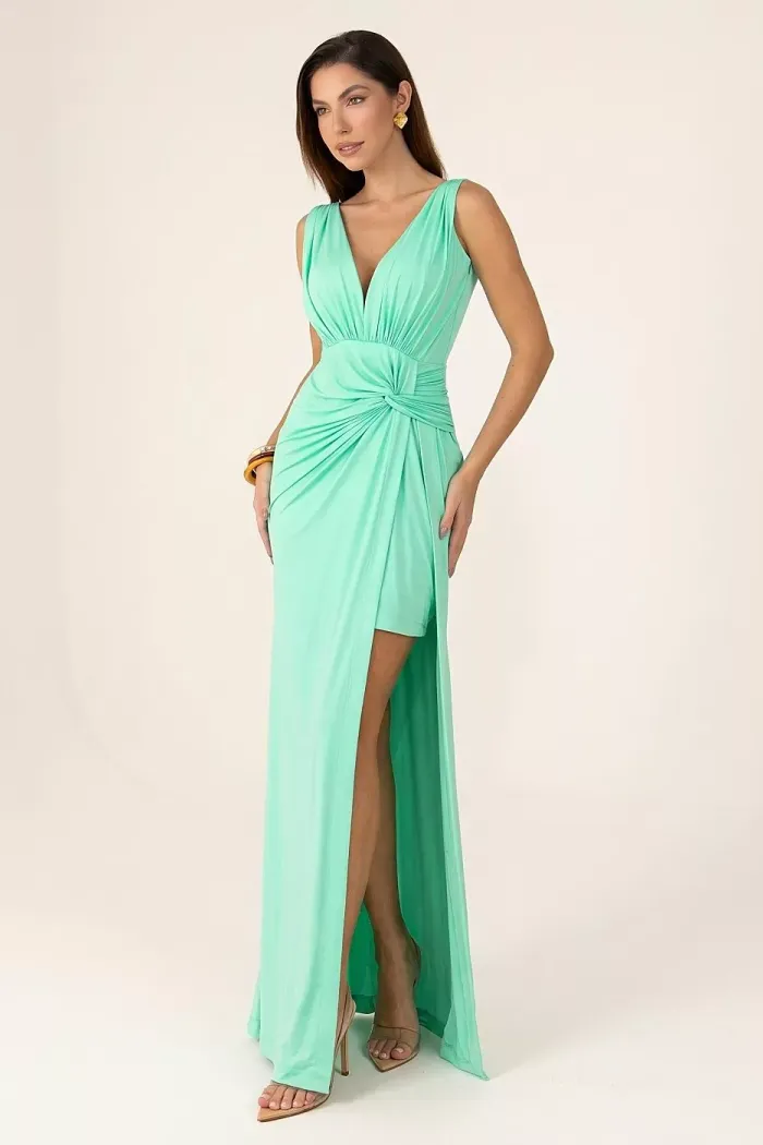 VESTIDO LONGO FLAVIANE JERSEY FENDA - VERDE MENTA