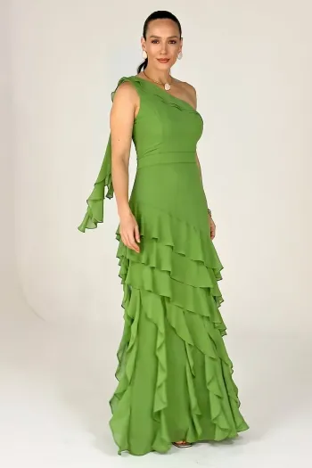 VESTIDO MARA LONGO CHIFFON BABADOS NULA MANGA - VERDE