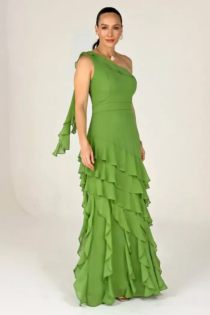 VESTIDO MARA LONGO CHIFFON BABADOS NULA MANGA - VERDE