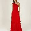 VESTIDO MARA LONGO CHIFFON BABADOS NULA MANGA - VERMELHO