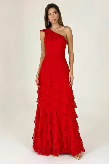 VESTIDO MARA LONGO CHIFFON BABADOS NULA MANGA - VERMELHO