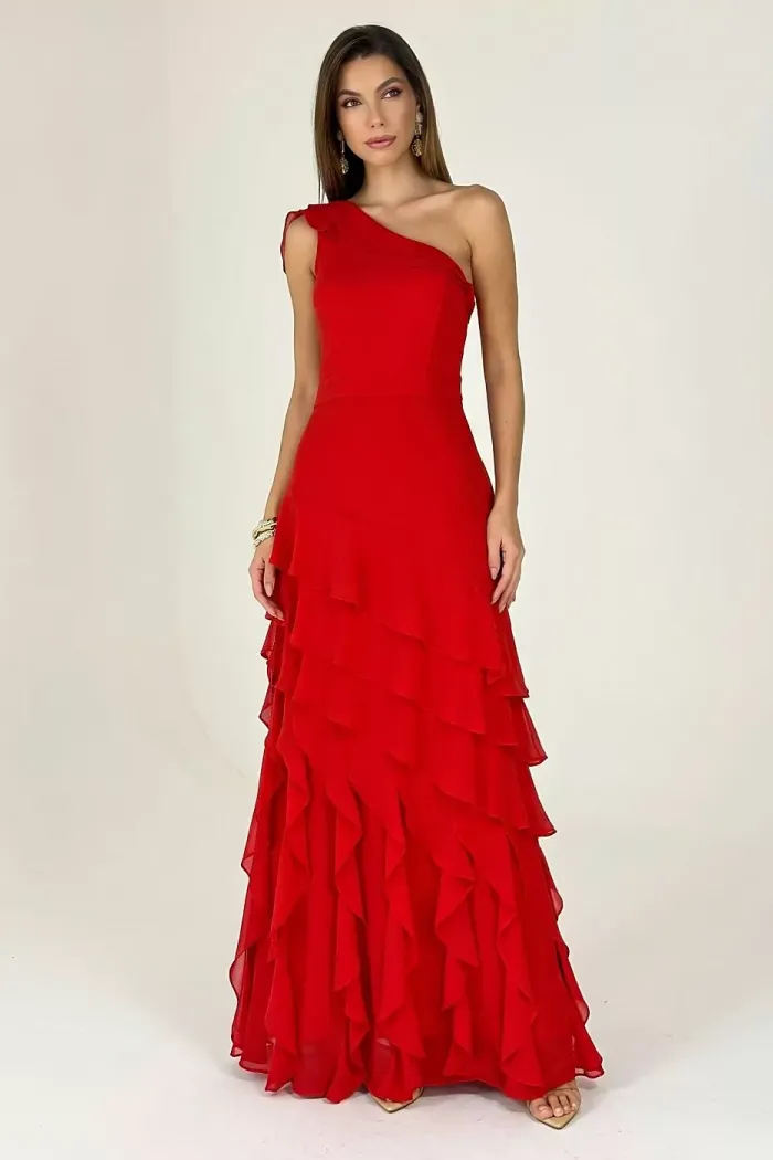 VESTIDO MARA LONGO CHIFFON BABADOS NULA MANGA - VERMELHO