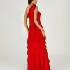 VESTIDO MARA LONGO CHIFFON BABADOS NULA MANGA - VERMELHO