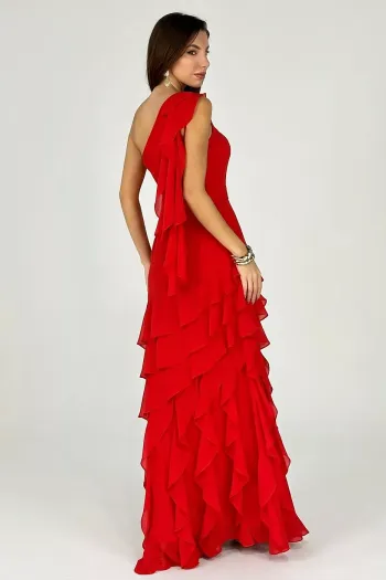 VESTIDO MARA LONGO CHIFFON BABADOS NULA MANGA - VERMELHO