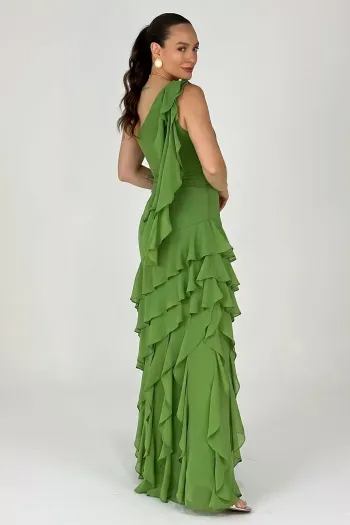 VESTIDO MARA LONGO CHIFFON BABADOS NULA MANGA - VERDE