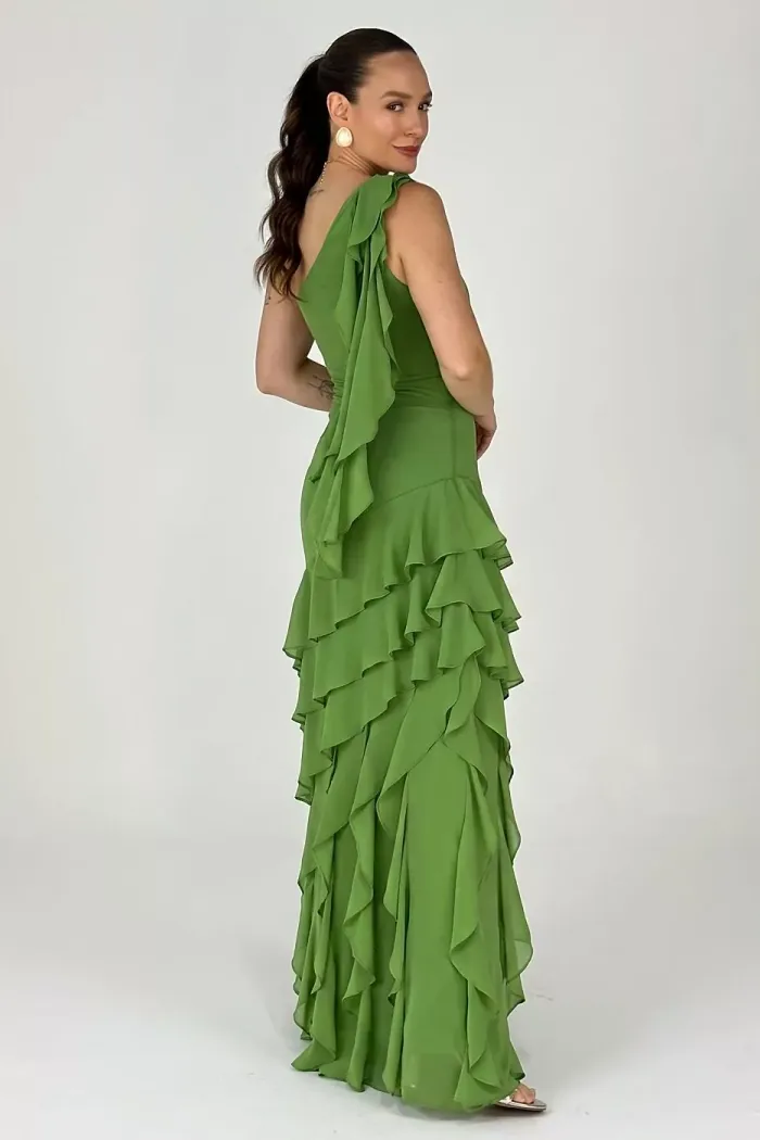 VESTIDO MARA LONGO CHIFFON BABADOS NULA MANGA - VERDE