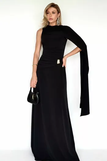 VESTIDO GEISY LONGO NULA MANGA DETALHE FIVELA - PRETO