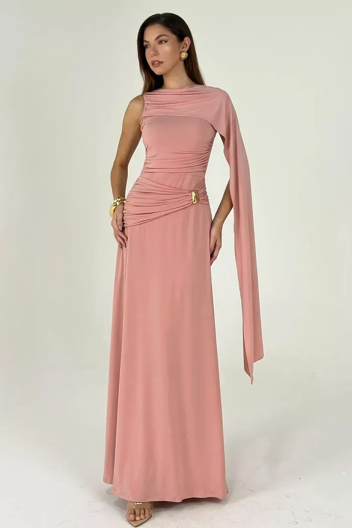 VESTIDO GEISY LONGO NULA MANGA DETALHE FIVELA - ROSA