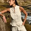 CONJUNTO JORDANA BLUSA GOLA MANDARIM COM ALAMARES - CREME