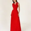 VESTIDO LONGO CHIFFON CREPE PLISSADO C/ FIVELA - VERMELHO