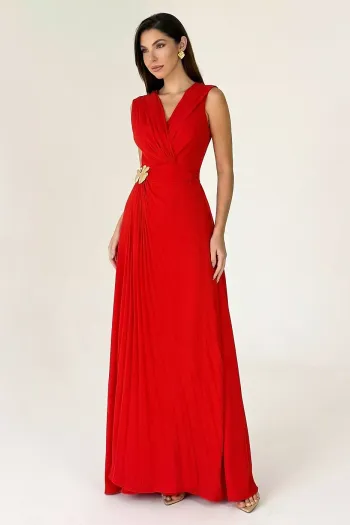 VESTIDO LONGO CHIFFON CREPE PLISSADO C/ FIVELA - VERMELHO