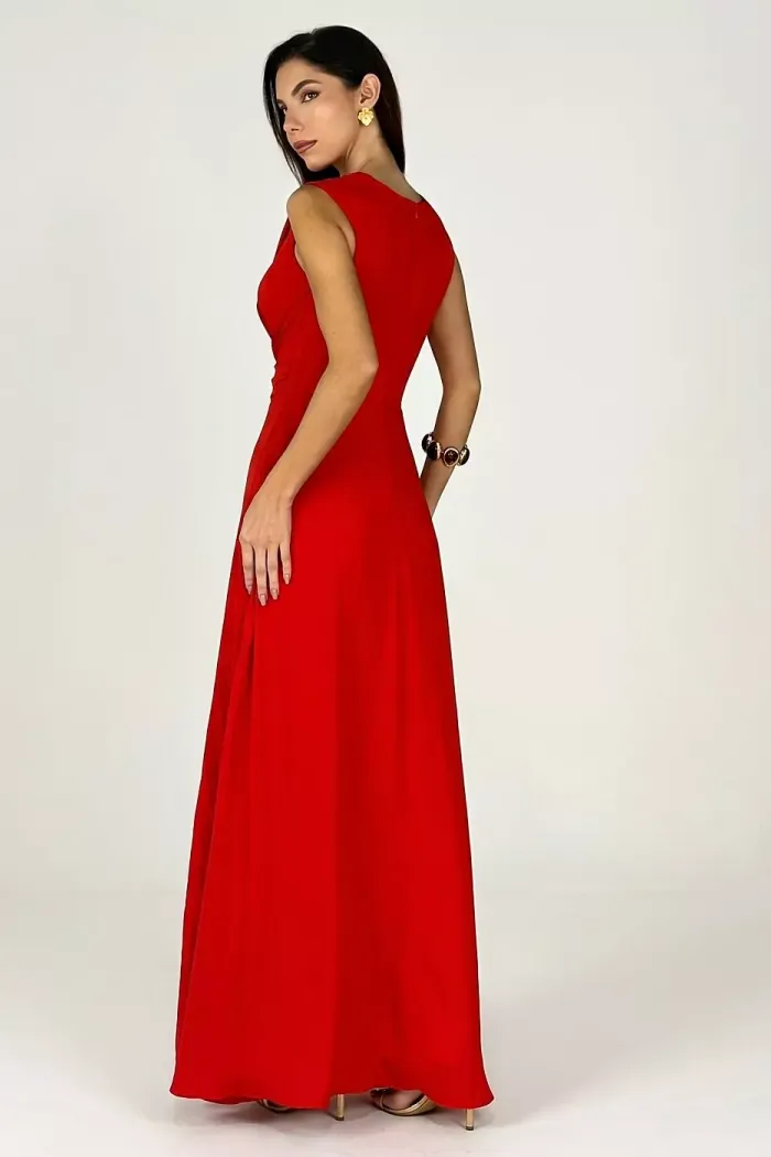 VESTIDO LONGO CHIFFON CREPE PLISSADO C/ FIVELA - VERMELHO