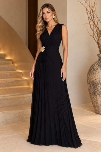 VESTIDO LONGO CHIFFON CREPE PLISSADO C/ FIVELA - PRETO