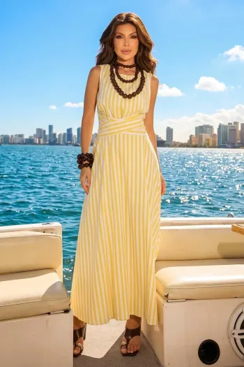 VESTIDO DUDA LONGUETE ALGODÃO LISTRADO - AMARELO