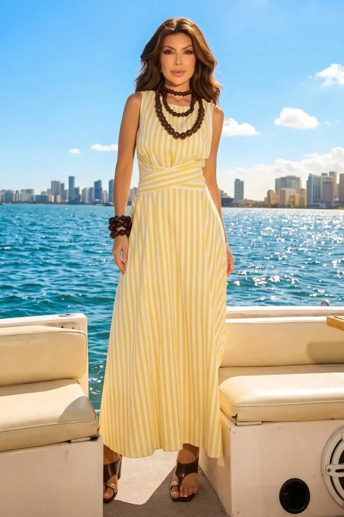 VESTIDO DUDA LONGUETE ALGODÃO LISTRADO - AMARELO