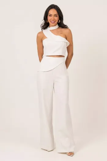 CONJUNTO RENALINE ALFAIATARIA PANTALONA E BLUSA CHOKER - OFF WHITE