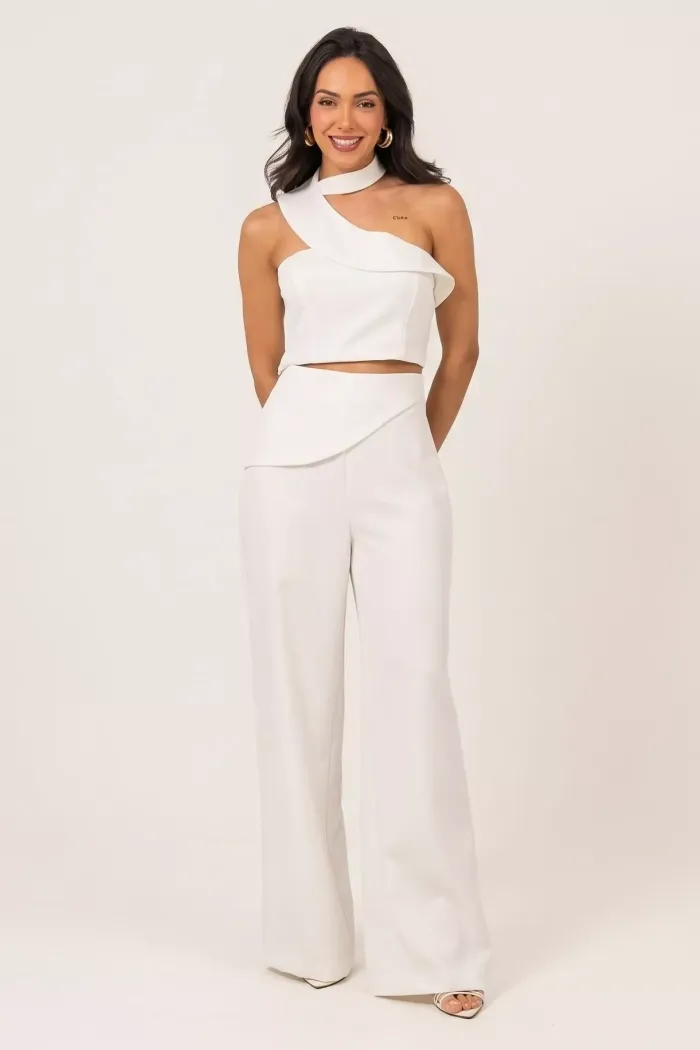 CONJUNTO RENALINE ALFAIATARIA PANTALONA E BLUSA CHOKER - OFF WHITE