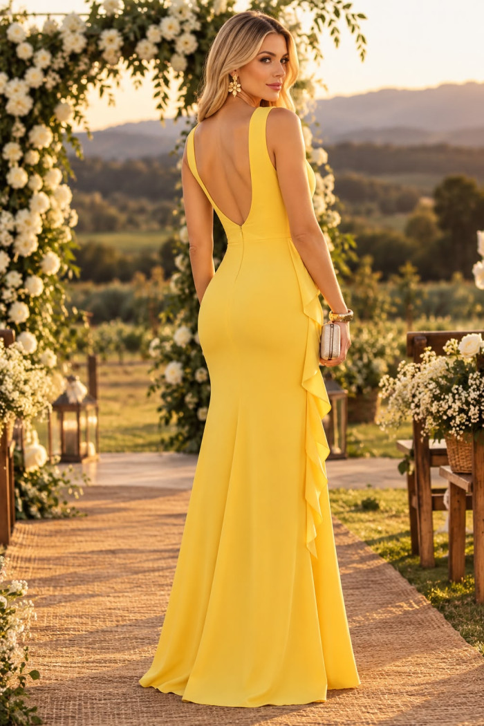 VESTIDO SUELLEN CREPE DETALHE BABADOS - AMARELO