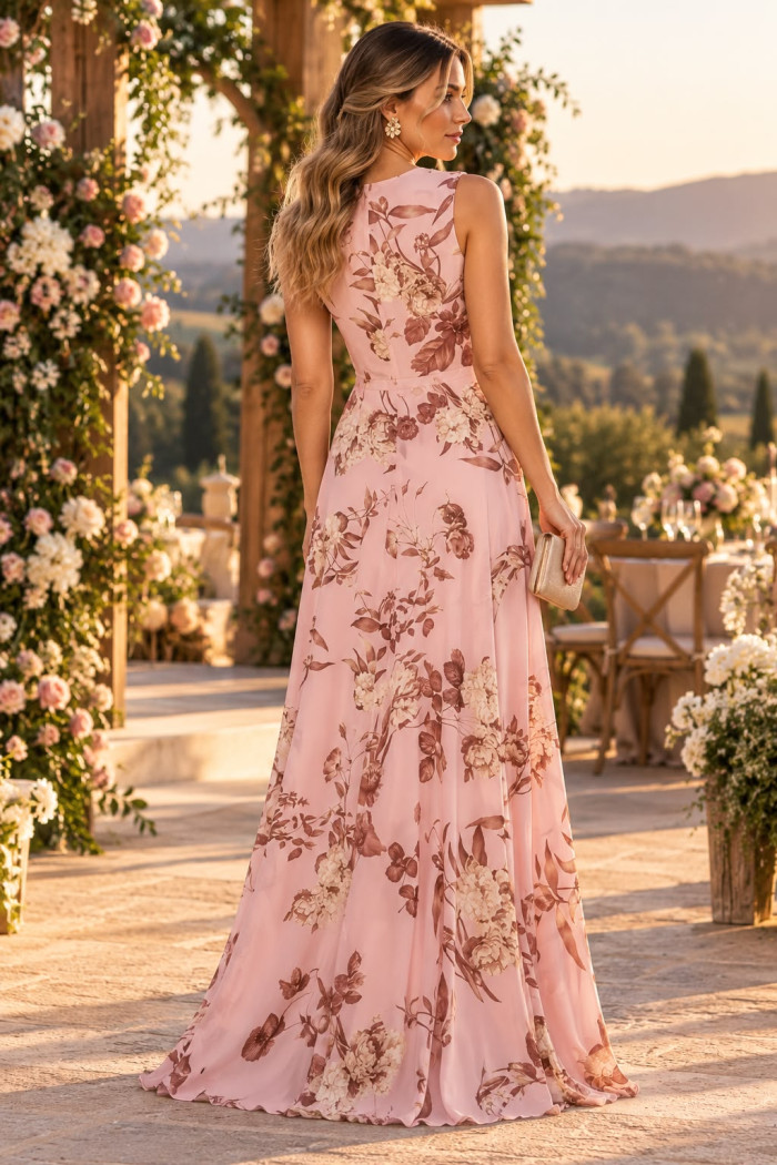 VESTIDO TAINÁ LONGO CHIFFON ESTAMPADO - ROSA
