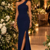 VESTIDO KELLY LONGO UM OMBRO CREPE - AZUL MARINHO